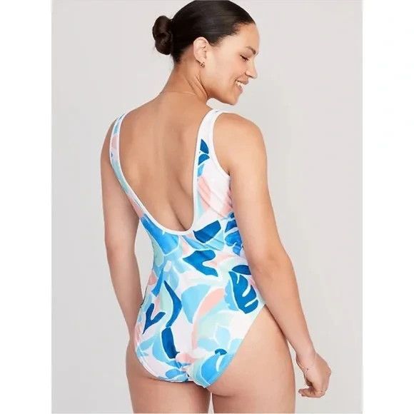 Old Navy Medium Half Zip Floral Swim Suit Blue One Piece High Leg Scoop Back - Picture 2 of 13